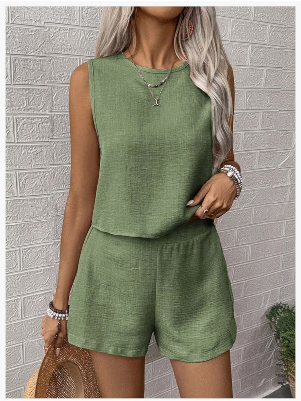 Sleeveless Two-Piece Linen-Blend Shorts Set - Green #61 - Picture 4 of 5